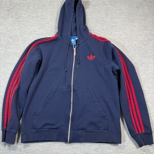 Adidas Hoodie Men's Medium Navy Blue Red Trefoil Full Zip Sweatshirt Originals